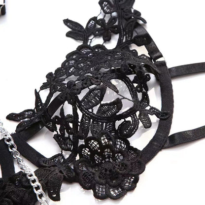 Punk-Style Metal Chain Embroidered Three-Piece Seductive Lingerie Set