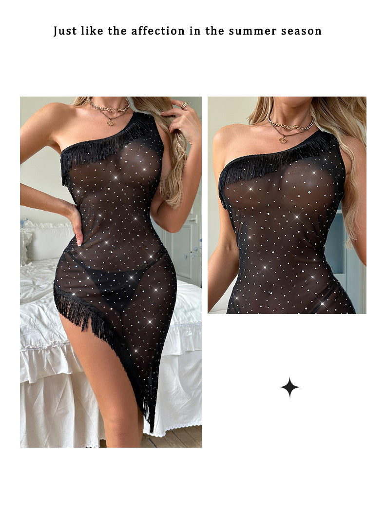 One-Shoulder Embroidery Mesh Seductive Nightgown Irregular See-Through Breathable Medium Control Sexy