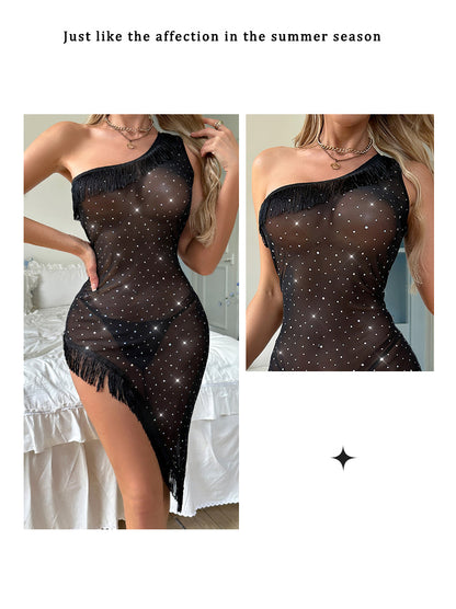 One-Shoulder Embroidery Mesh Seductive Nightgown Irregular See-Through Breathable Medium Control Sexy