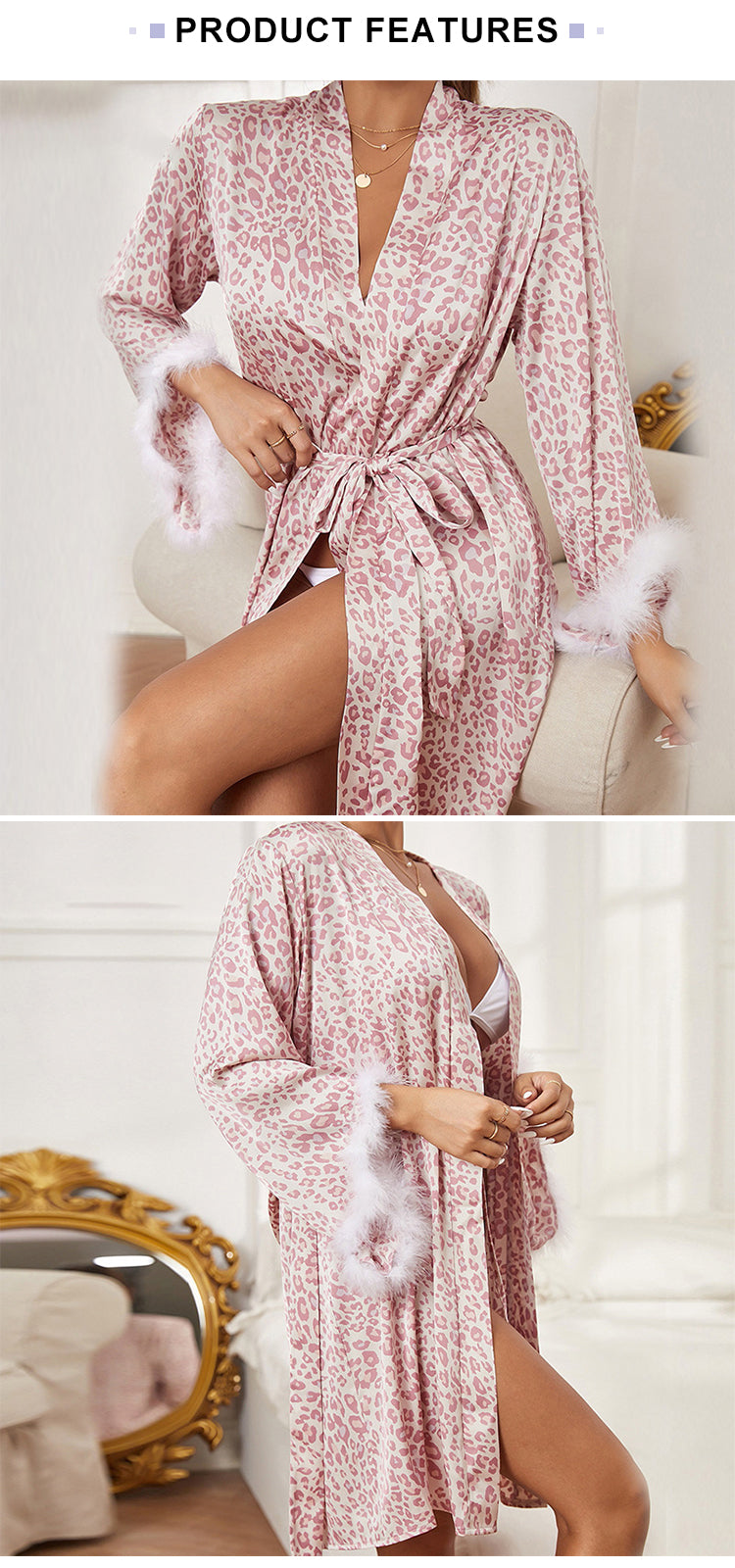 طقم ساتان مستورد قطعتين  Feather Cuffs Long Sleeve Robes Sexy Leopard Print Sleepwear Pink Silk Stain Sweet Night Wear