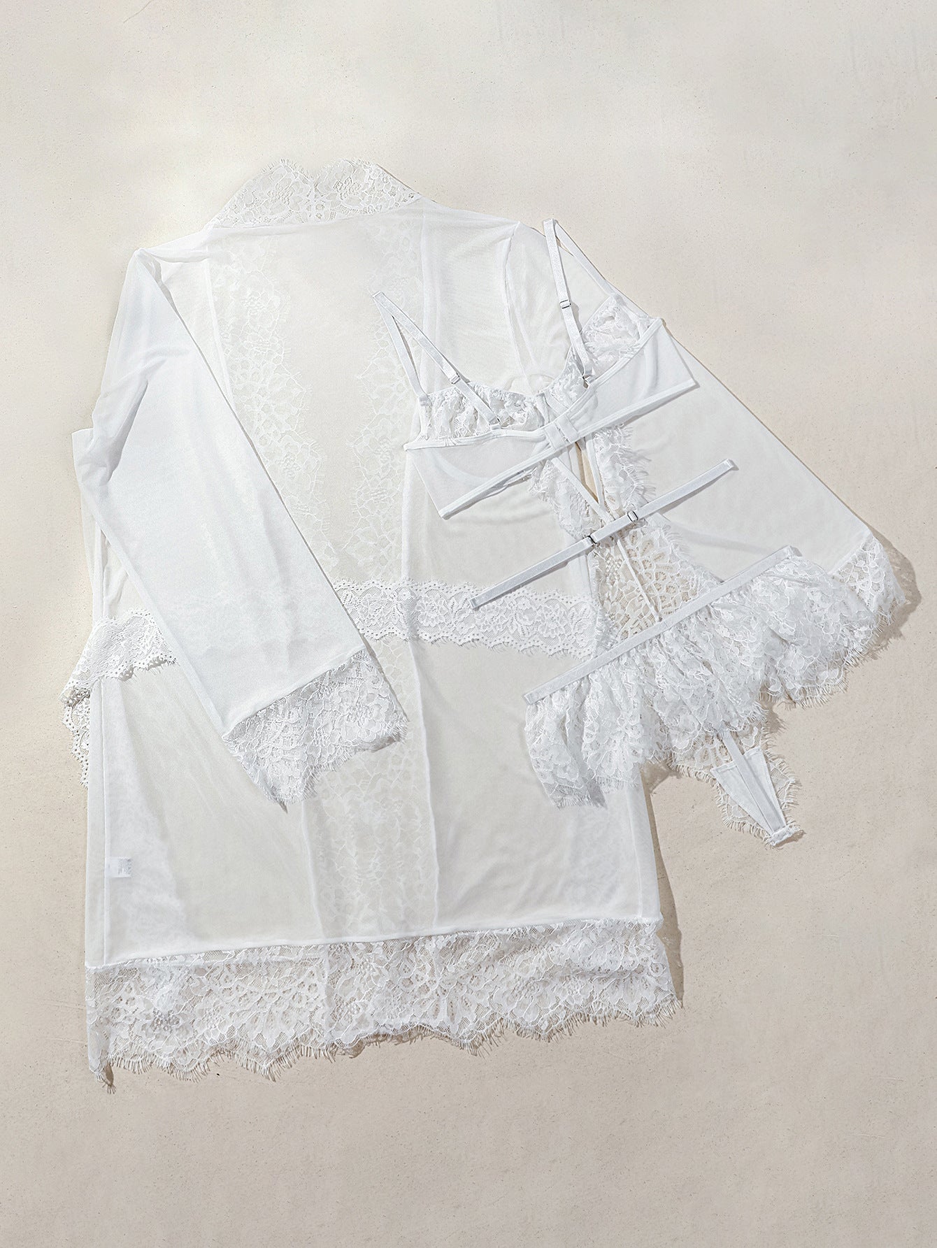 High Quality Lightweight Lace Embroidery Perspective Hollow Out Seduction Underwear Three Piece Set