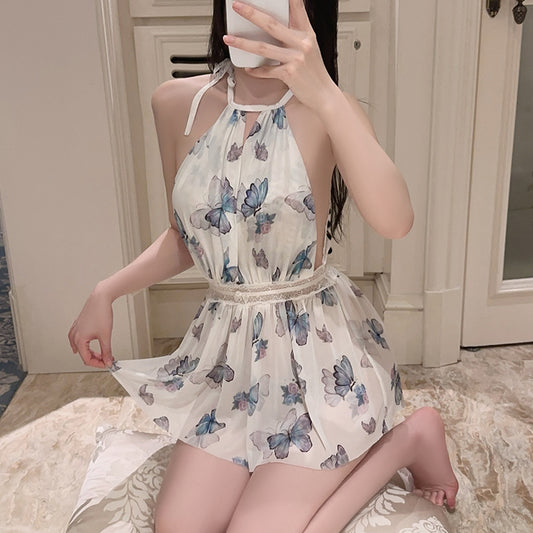 Pure Desire Sweet Butterfly Print Cosplay Nightdress Sexy Hot Low-Cut Halter Mesh Short Dress