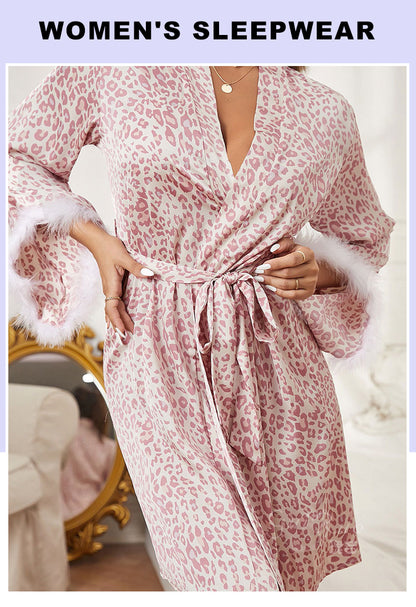 طقم ساتان مستورد قطعتين  Feather Cuffs Long Sleeve Robes Sexy Leopard Print Sleepwear Pink Silk Stain Sweet Night Wear
