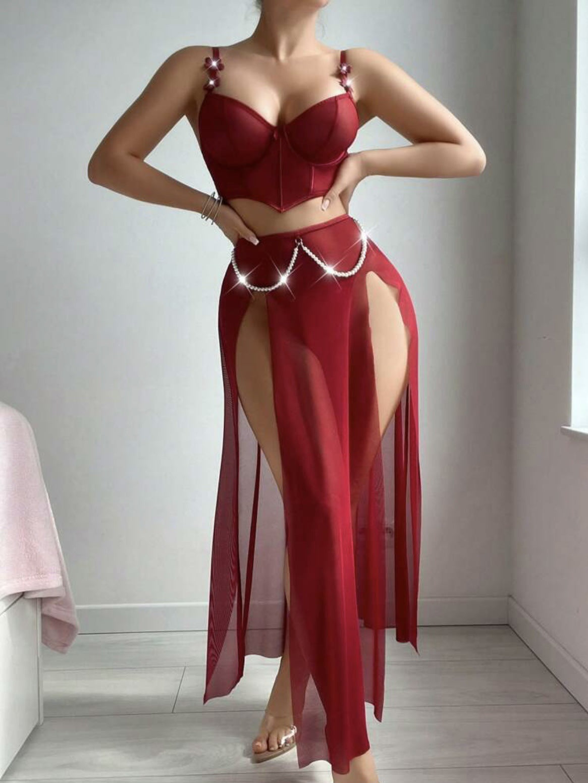 Vintage Faux Pearl Fishbone Split Top + Skirt + Thong 3-Piece Set Lingerie