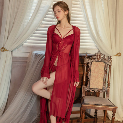 High Quality Luxury See Through Sexy Lace Lingerie Nightdress Women's Lace Long Skirt Sexy Robe Set