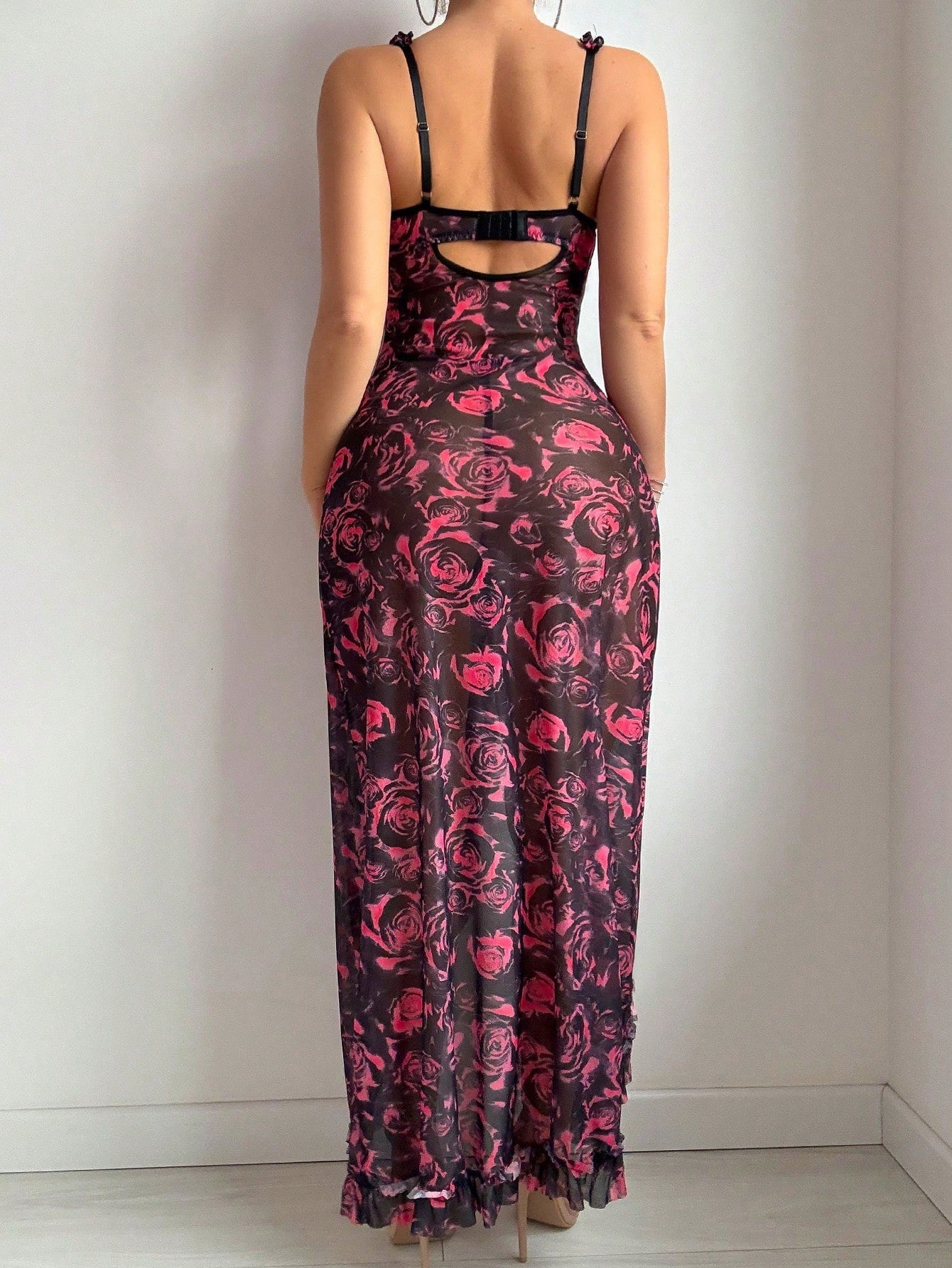 Romantic Floral Print Ruffle Trim High Slit Camisole Dress