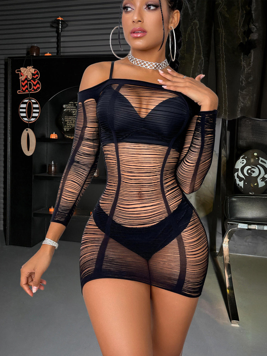 Ruched Fishnet Mini Dress