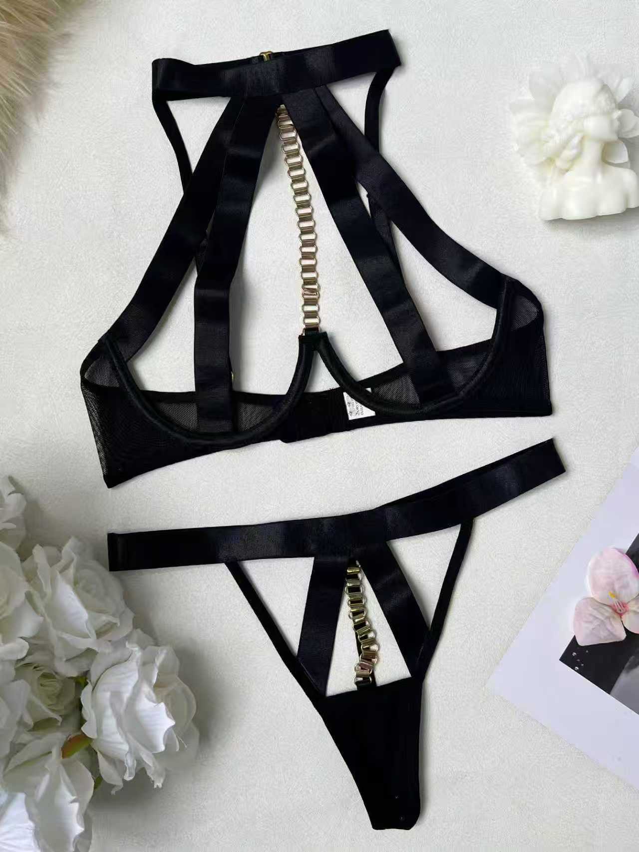 Ellolace Erotic Lingerie Sexy Women Seductive Bandage Halter Hollow Bra Thong 2PC Set Sissy Chain Decor Women's Clubwear