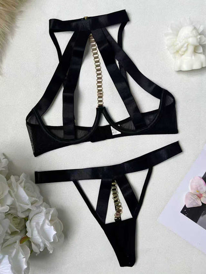 Ellolace Erotic Lingerie Sexy Women Seductive Bandage Halter Hollow Bra Thong 2PC Set Sissy Chain Decor Women's Clubwear