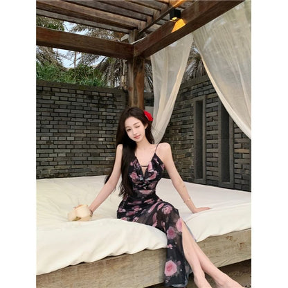 V-Neck Floral Print Slit Mesh Maxi Sheath Dress تول مشجر اربطة من الظهر