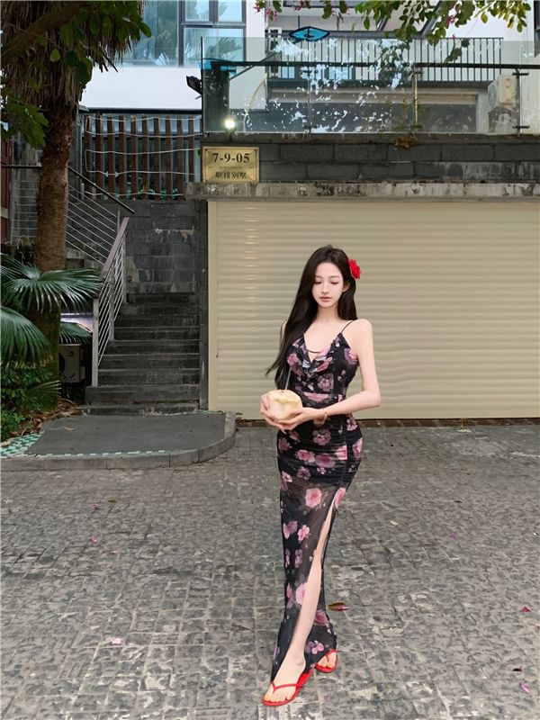 V-Neck Floral Print Slit Mesh Maxi Sheath Dress تول مشجر اربطة من الظهر