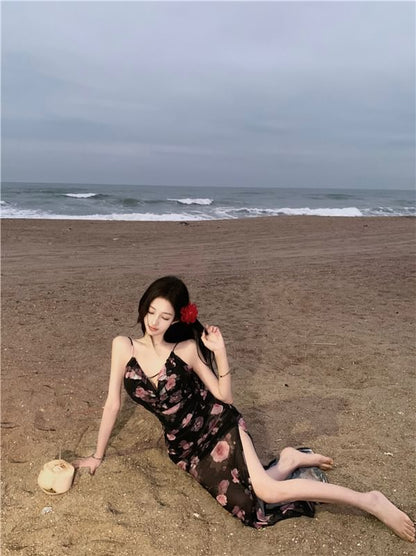 V-Neck Floral Print Slit Mesh Maxi Sheath Dress تول مشجر اربطة من الظهر