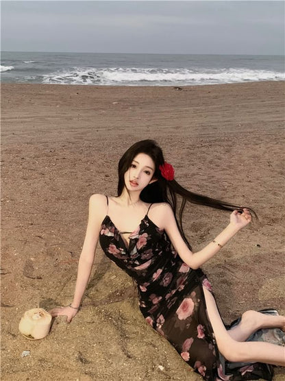 V-Neck Floral Print Slit Mesh Maxi Sheath Dress تول مشجر اربطة من الظهر