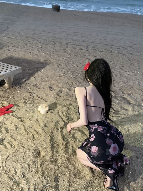 V-Neck Floral Print Slit Mesh Maxi Sheath Dress تول مشجر اربطة من الظهر