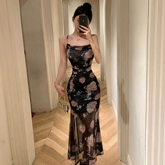 sexy suspenders slit slim fit temperament long dress