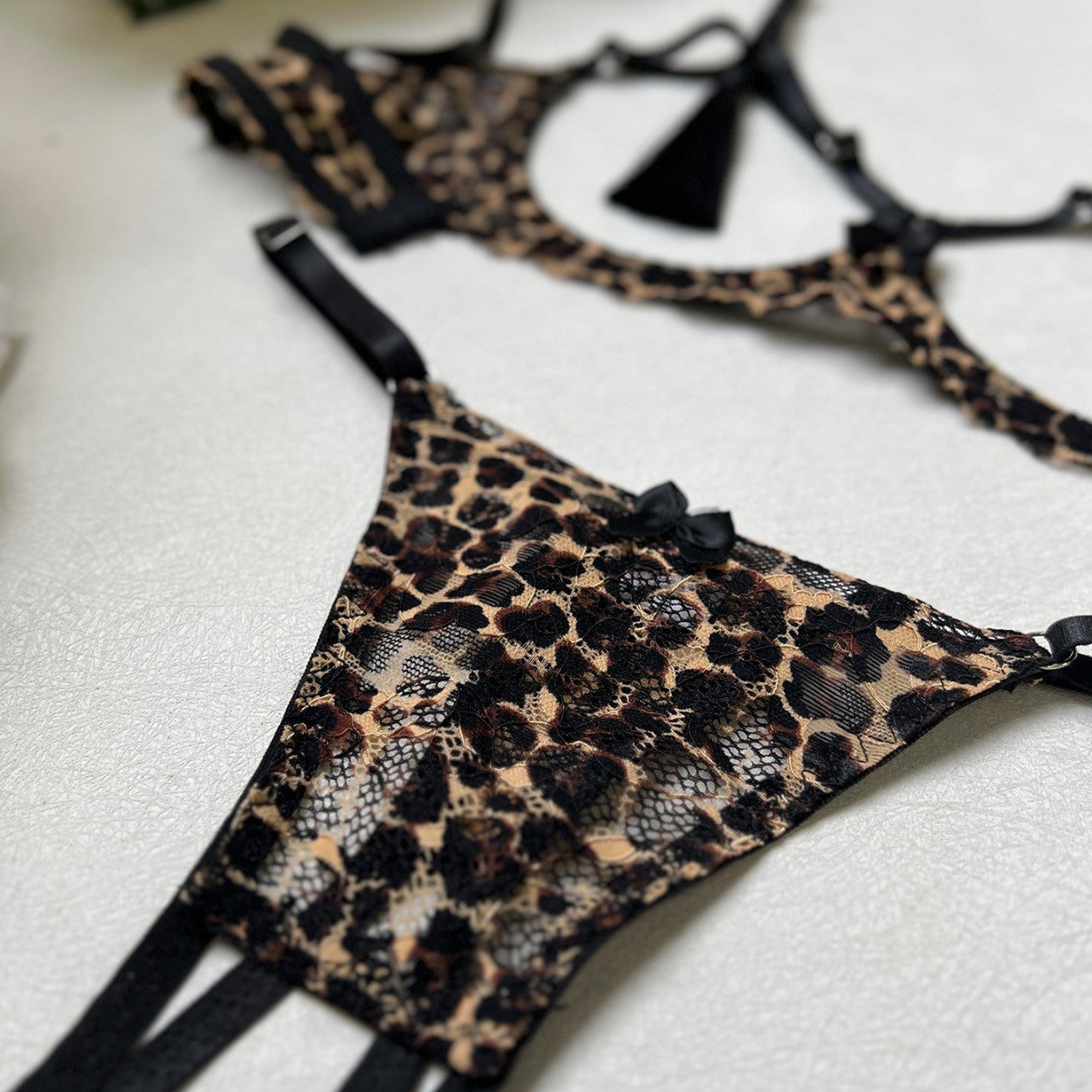 sexy tassel leopard print tassel lace patchwork mesh open crotch panties