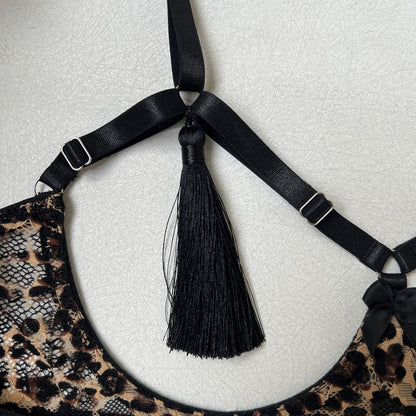 sexy tassel leopard print tassel lace patchwork mesh open crotch panties