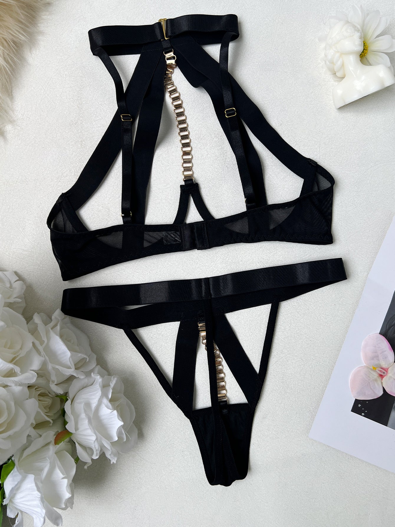 Ellolace Erotic Lingerie Sexy Women Seductive Bandage Halter Hollow Bra Thong 2PC Set Sissy Chain Decor Women's Clubwear