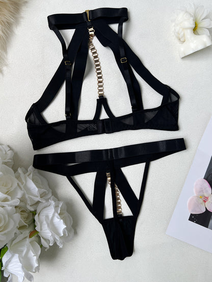 Ellolace Erotic Lingerie Sexy Women Seductive Bandage Halter Hollow Bra Thong 2PC Set Sissy Chain Decor Women's Clubwear