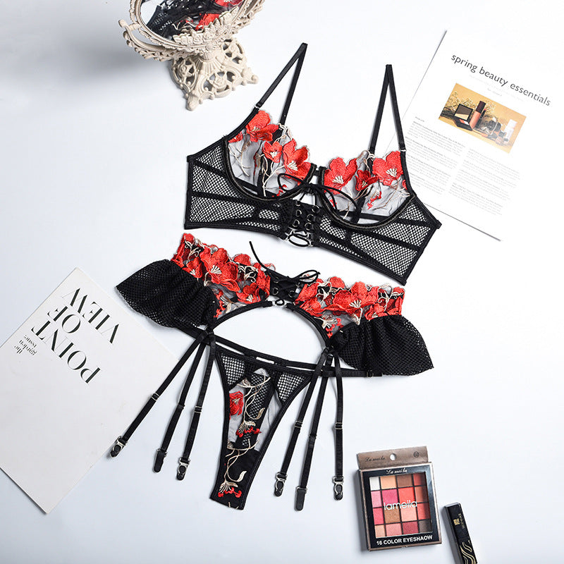 Lace Transparent Bra Exotic Sets Floral Fishnet Thong Woman Porn Fancy Sensual Luxury Lingerie 3 Pieces