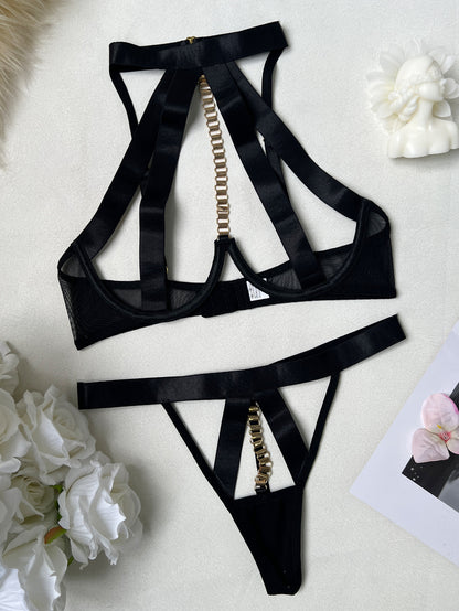 Ellolace Erotic Lingerie Sexy Women Seductive Bandage Halter Hollow Bra Thong 2PC Set Sissy Chain Decor Women's Clubwear