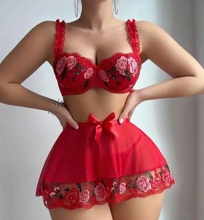 High Quality Red Embroidered Flower Sheer Bra Dress Thong Women Erotic Sexy Lingerie Set