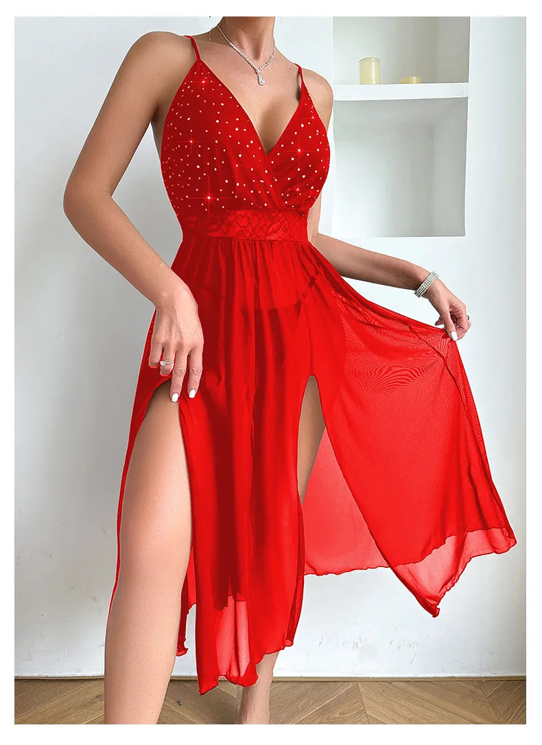 Sexy Erotic Transparent Woman Dress Solid Color Long Mesh Nightwear فستان تول طويل مشجر