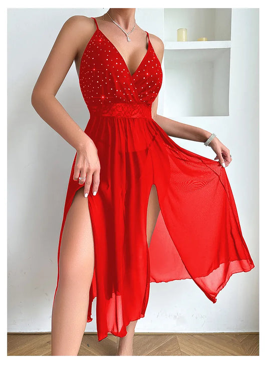 Sexy Erotic Transparent Woman Dress Solid Color Long Mesh Nightwear فستان تول طويل مشجر