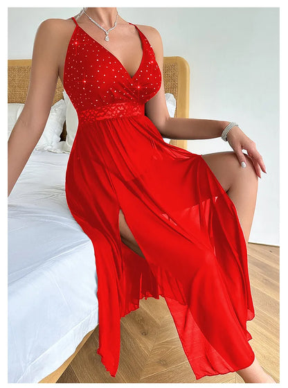 Sexy Erotic Transparent Woman Dress Solid Color Long Mesh Nightwear فستان تول طويل مشجر