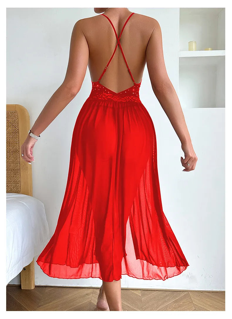 Sexy Erotic Transparent Woman Dress Solid Color Long Mesh Nightwear فستان تول طويل مشجر