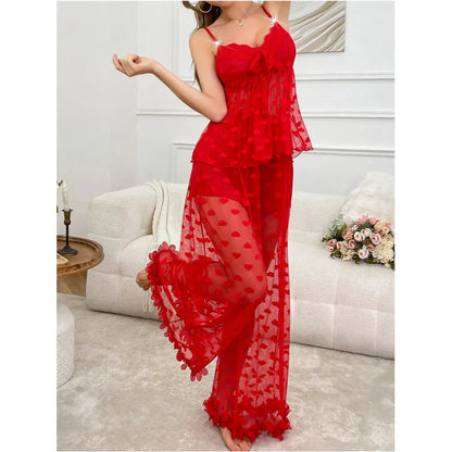 Floral Decor Sexy Heart Mesh Insert Pajamas Set