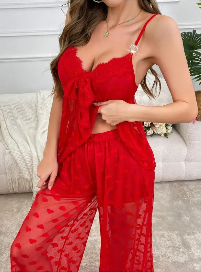 Floral Decor Sexy Heart Mesh Insert Pajamas Set