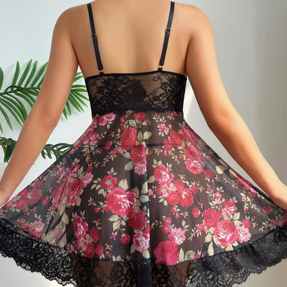 Floral Print Contrast Lace Babydoll Sexy Lingerie Dress With Thong