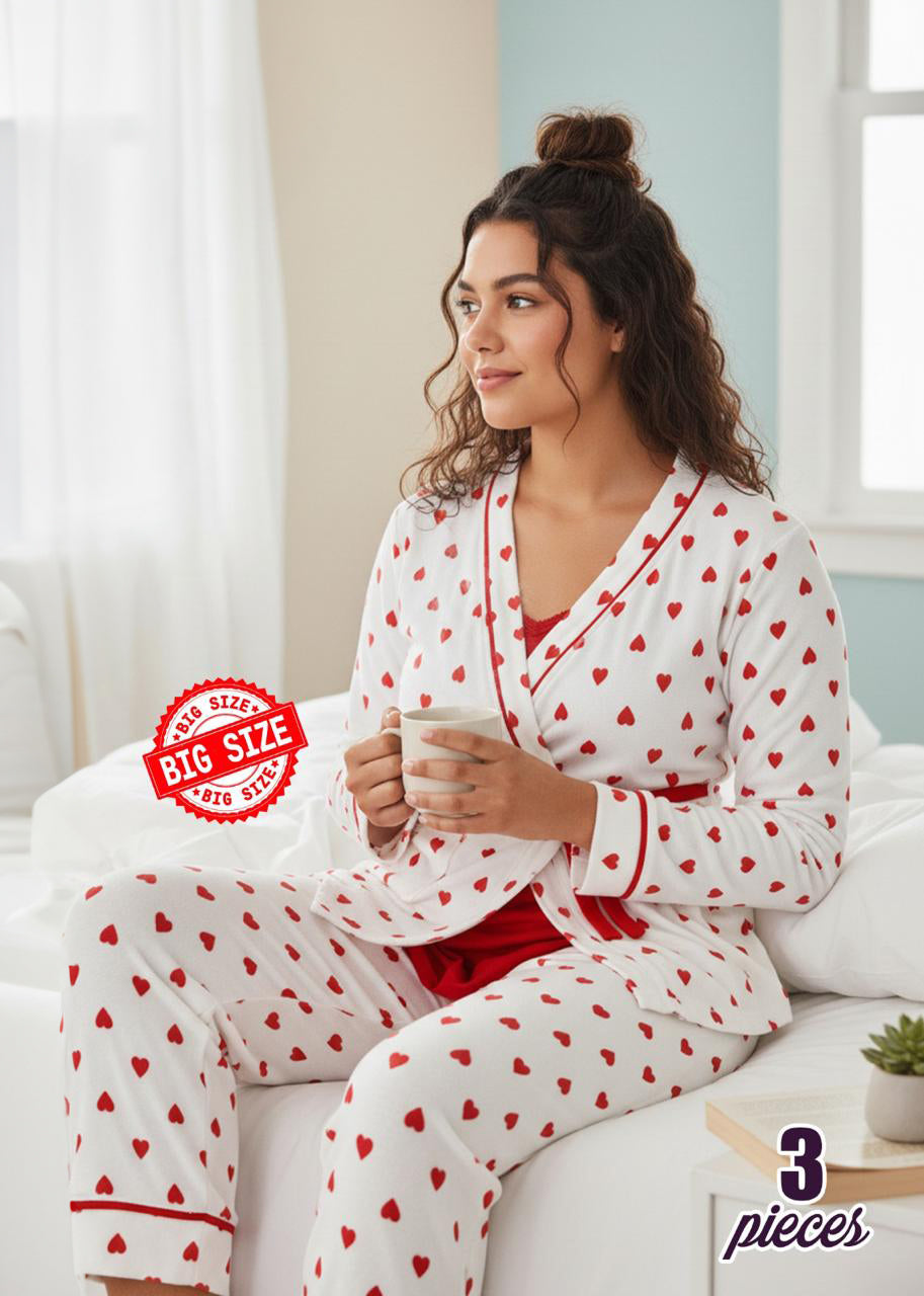 بيجامة قطن قطيفه مبطنه عالي الجوده 3 قطع مقاس كبير