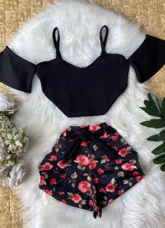 Plus Cold Shoulder Top & Self Belted Shorts Set