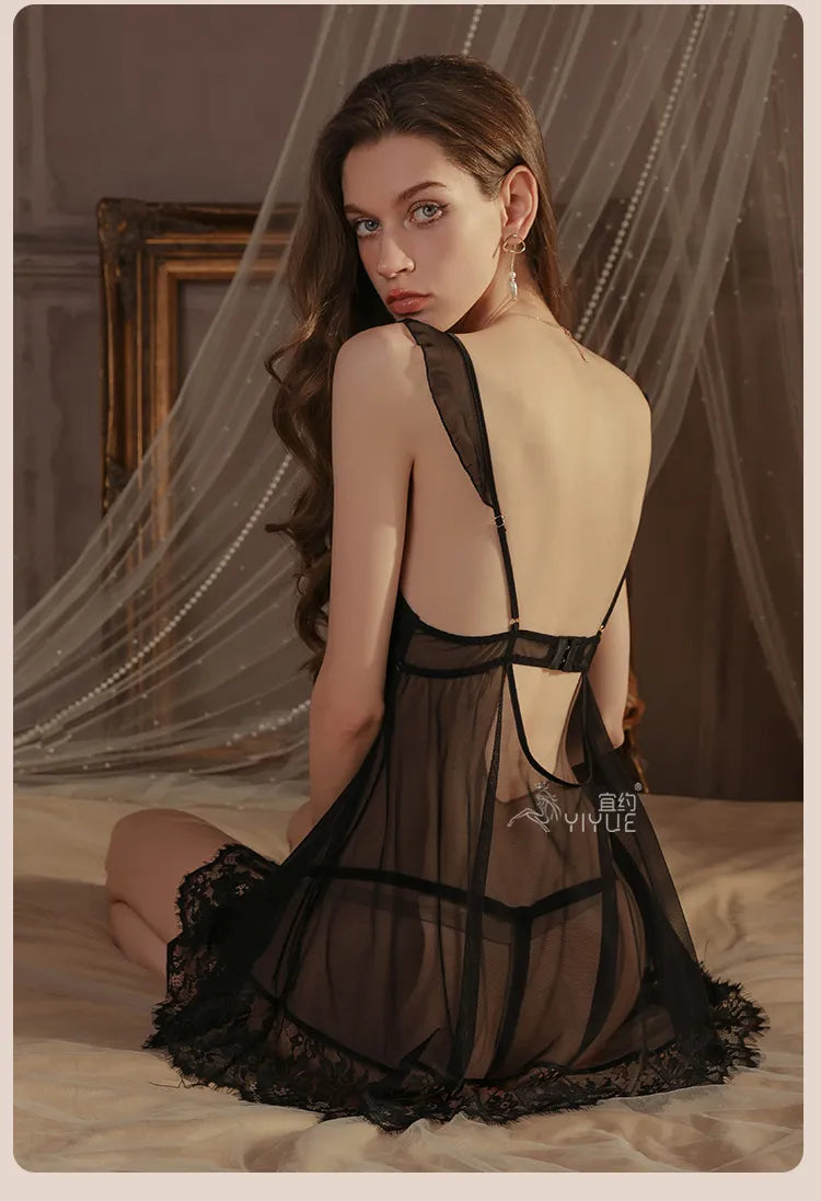 Contrast Eyelash Lace Trim Sheer Mesh Night Robe طقم قطعتين تول شفاف