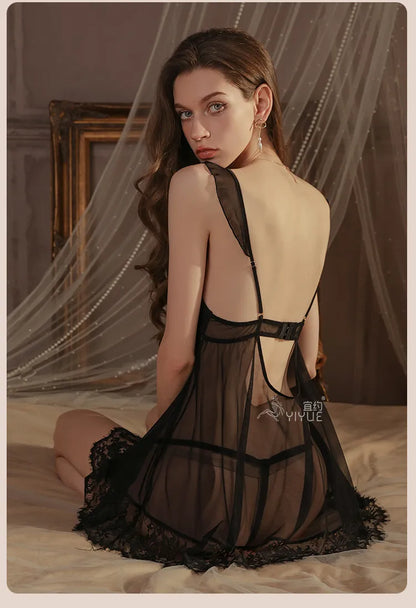 Contrast Eyelash Lace Trim Sheer Mesh Night Robe طقم قطعتين تول شفاف