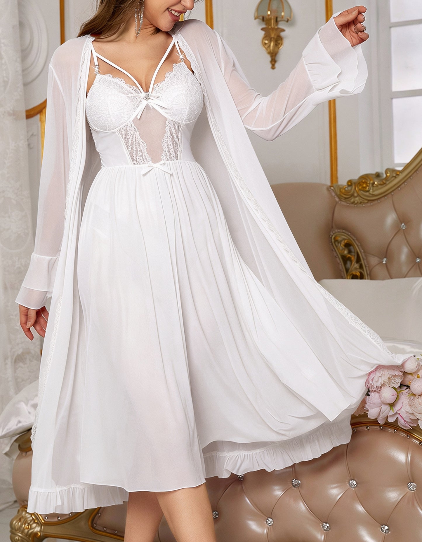 High Quality Luxury See Through Sexy Lace Lingerie Nightdress Women's Lace Long Skirt Sexy Robe Set