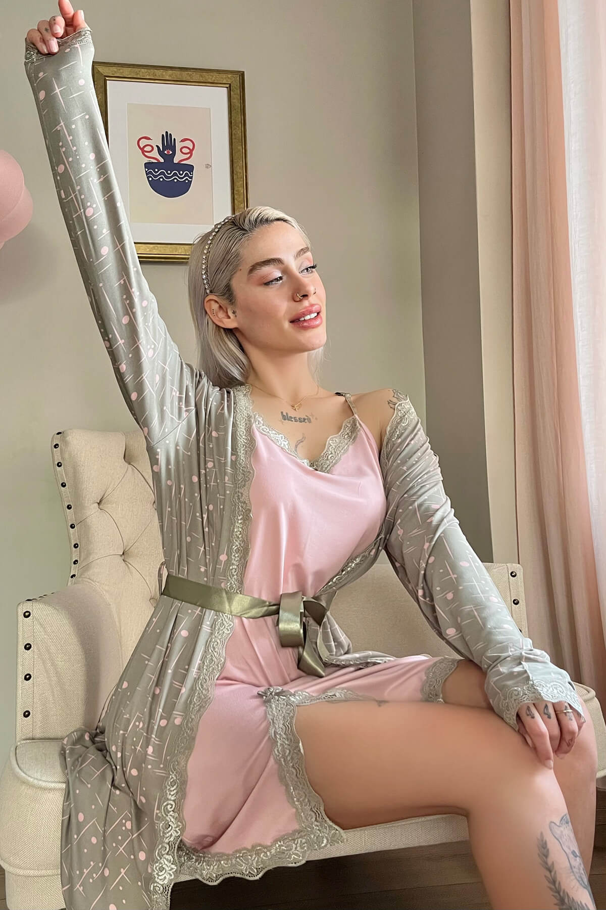 بيجامة قطن عالي الجودة قطعتين روب مع قمبص