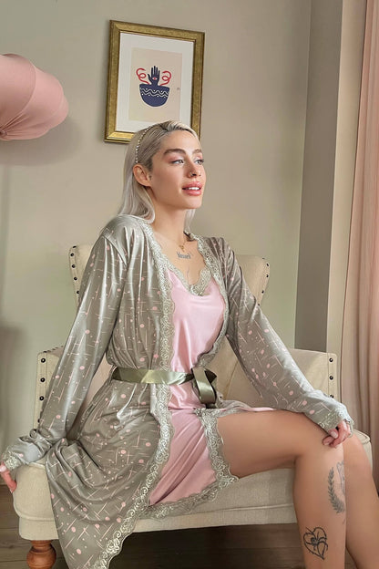 بيجامة قطن عالي الجودة قطعتين روب مع قمبص