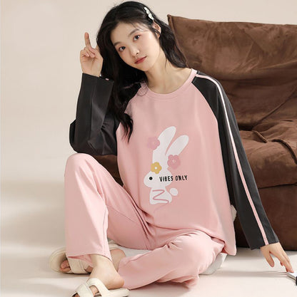 طقم بيجامة قطن بينك بأكمام طويلة