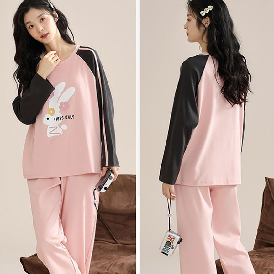 طقم بيجامة قطن بينك بأكمام طويلة