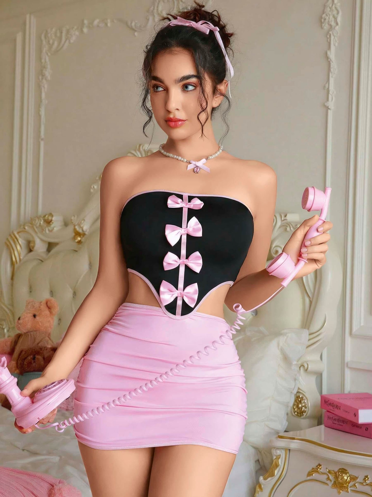 L'Amorae Contrast Trim And Bow Ties Corset