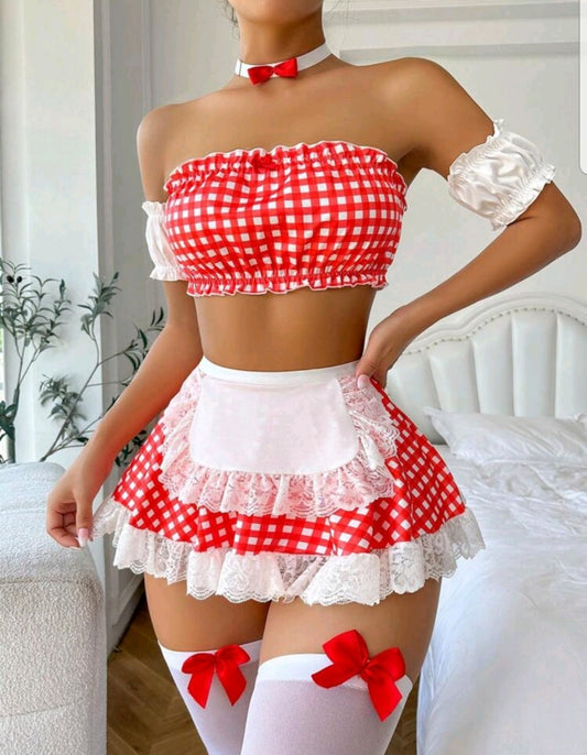 Sexy Gingham Print Contrast Lace Maid Costume Set