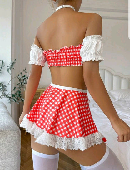 Sexy Gingham Print Contrast Lace Maid Costume Set