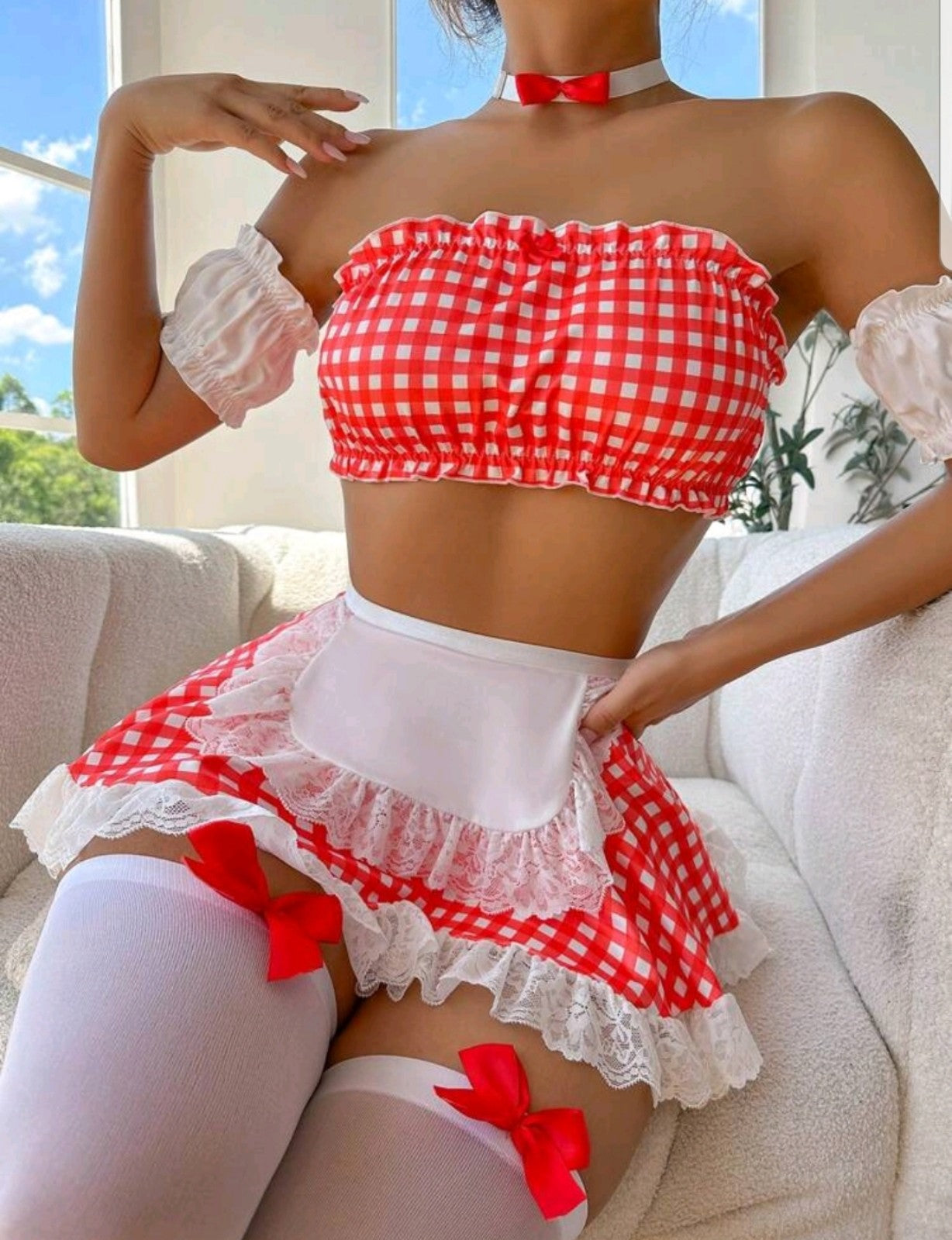 Sexy Gingham Print Contrast Lace Maid Costume Set