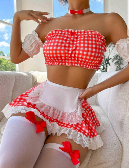 Sexy Gingham Print Contrast Lace Maid Costume Set