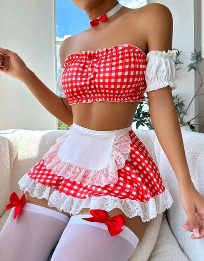 Sexy Gingham Print Contrast Lace Maid Costume Set