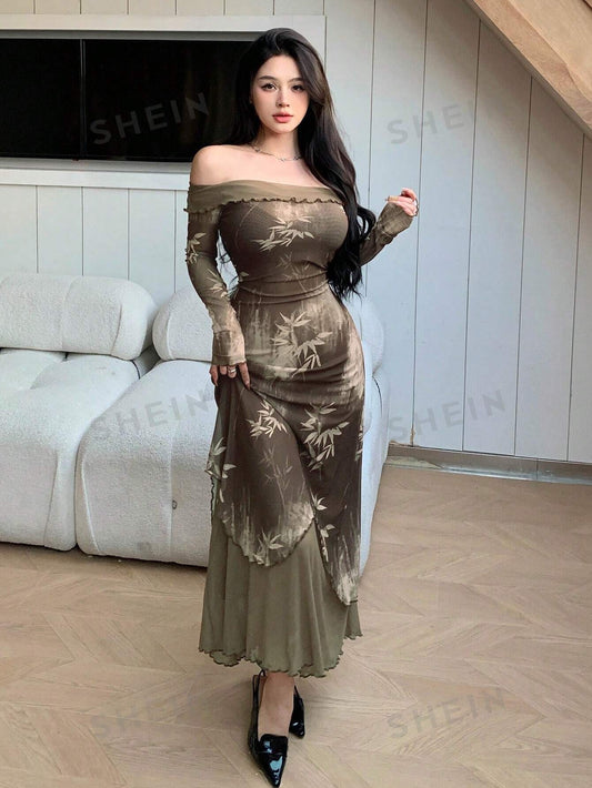 Elastic Double Layer Mesh Fabric Printed Long Dress With Bamboo Leaf Pattern And Off Shoulder