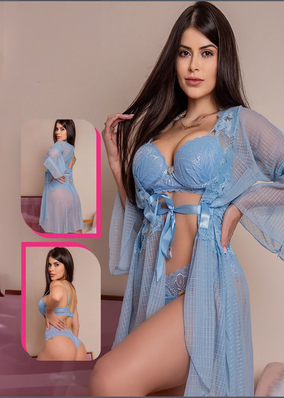 Baby Blue Lace Robe 3-Piece Set